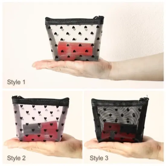 Unique Bargains Heart Shape Print Mesh Makeup Bag Black Beige Pink 6 Pcs image {2}