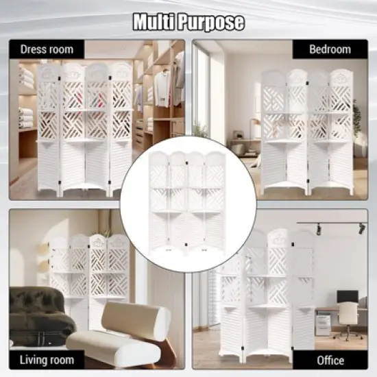GustoWave White Wooden Room Divider Wall 4 Panel,5.6FT Tall Room Divider with Shelves,Folding Privacy Screens 67 in for Room Separation Home Office image {2}