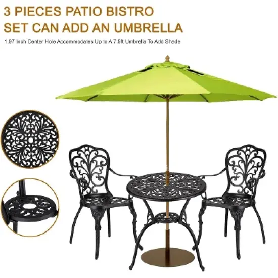 3-Piece Outdoor Bistro Set, All-Weather Cast Aluminum Patio Table+Chairs w/Umbrella Hole for Yard, Garden, Balcony, and Poolside Use image {7}