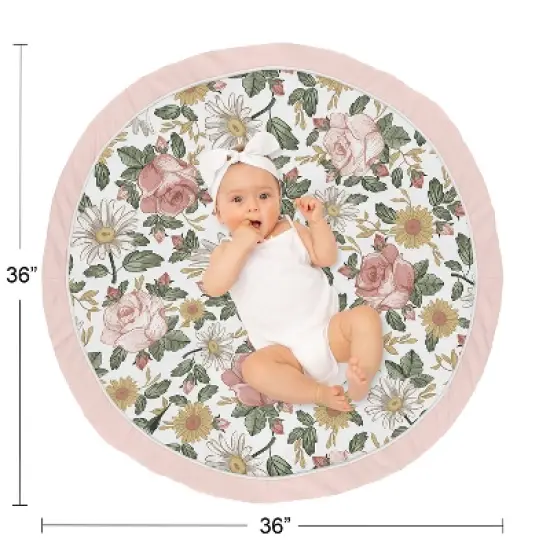 Sweet Jojo Designs Girl Baby Tummy Time Playmat Vintage Floral Pink Green and Yellow image {3}