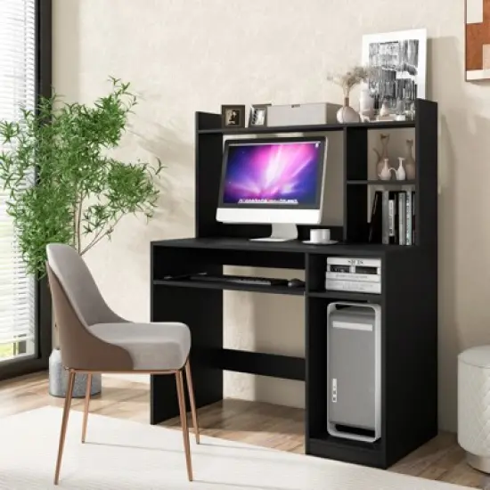 Costway Computer Desk Study Bookcase Workstation with Charging Station Hutch & CPU Stand image {3}