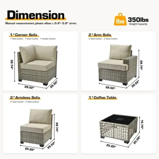 XIZZI All-Weather Rattan Furniture, Sectional Sets w/ Optional Solar Light-Up Coffee Table & Ottoman, Choose 6-9pc Configs in 8 Fade Resistant Colors image {2}