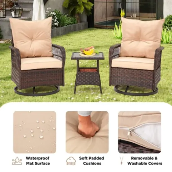 EROMMY 3 Pieces Patio Swivel Rocker Rattan Chairs, Outdoor Swivel Rocking Chairs With 1 Rattan Coffee Table, 360 Degree Swivel Patio Chairs For Lawn image {4}