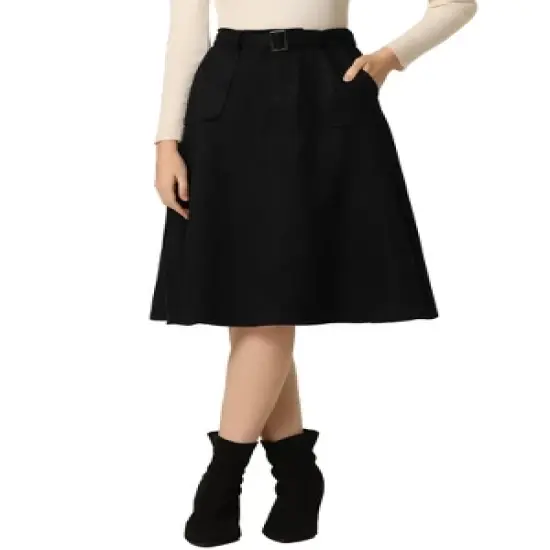 Allegra K Women's Casual Faux Suede Pockets Stretch A-line Midi Skirt with Belt image {7}