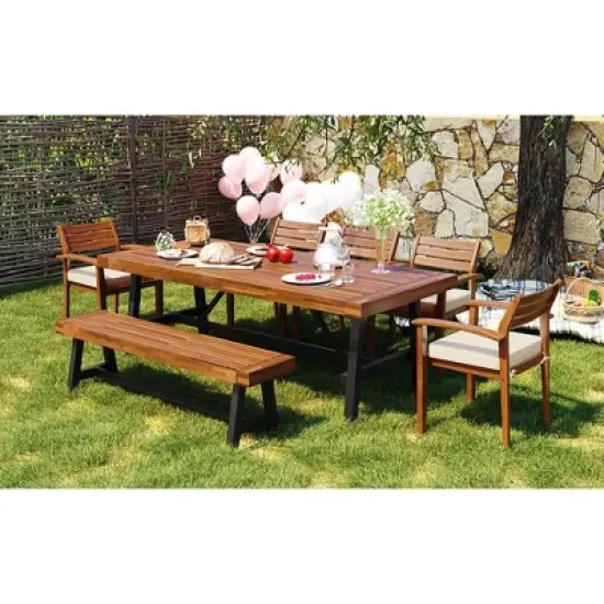 GO Outdoor Wood Dining Set For 7-8 Person, Outdoor Dining Furniture With Removable Cushions, Ergonomic Chairs And Bench, Thicker Table, Nature image {2}