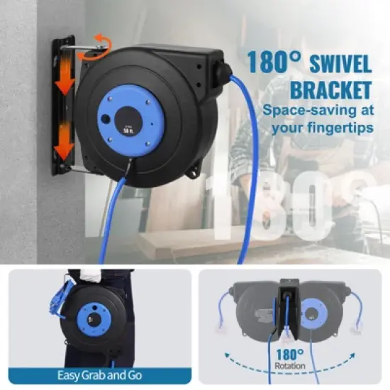 VEVOR Retractable Extension Cord Reel, 50 FT, Heavy Duty 14AWG/3C SJTOW Retractable Power Cord with Lighted Triple Tap Outlet, Black image {6}