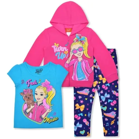 Nickelodeon Girl's Jojo Siwa 3 Piece Coordinates, Short Sleeve Tee Shirt, Zip Up Hoodie Jacket, and Leggings Set for toddler image {7}