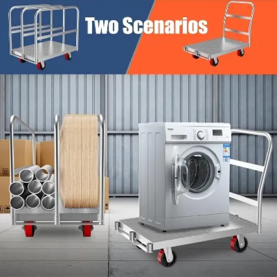 2 in 1 Heavy Duty Platform Truck with 1 Front & 2 Side Handrails, Panel Truck Cart, 2000Lb Capacity Drywall Cart with Swivel Casters, Flatbed Dolly image {7}