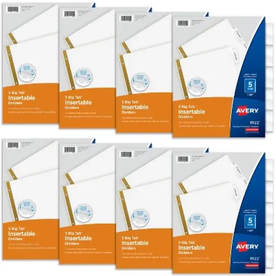 Avery 5 Tab Binder Dividers, White with Insertable Clear Big Tabs, 1 Set Pack, 8 Packs, 8 Sets Total (11122) image {7}