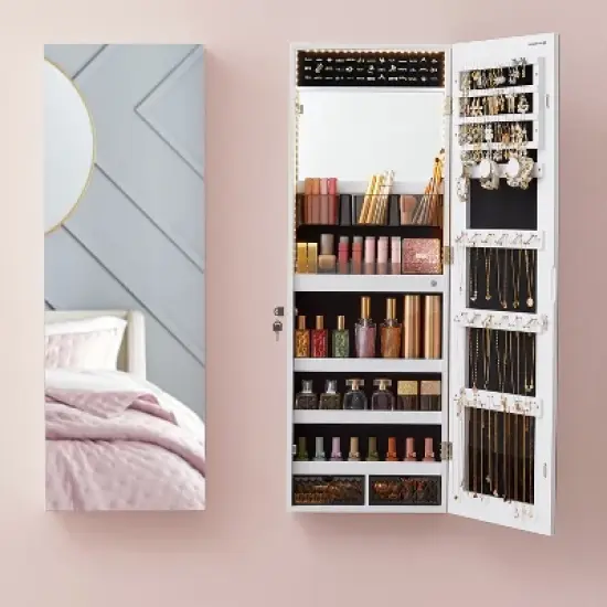 Jewelry Cabinet Organizer, Wall/Door Mount Armoire with Full-Length Lighted Mirror, Built-in Makeup Mirror, 2 Drawers image {1}