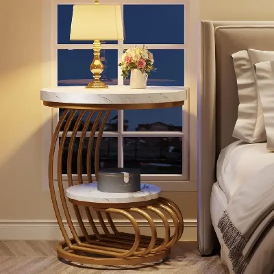 Tribesigns 2-tier Round End Table, Side Table with Storage Shelf, Metal Arc-Shaped Frame Accent Table for Living Room, Bedroom image {8}