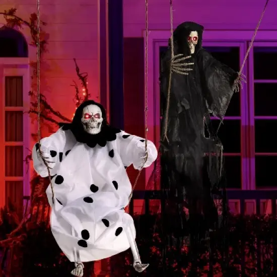 Joyfy 2 Packs 3ft Halloween Hanging Ghosts Outdoor Decor, Scary Grim Reaper Swinging Flying Skeleton with Lighted Up Eyes for Yard Patio Lawn Garden image {9}