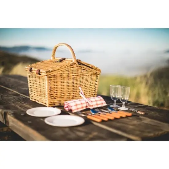Picnic Time Piccadilly Picnic Basket with Service for Two: Wicker Set, Gingham Check, Includes Tableware & Wine Glasses image {9}