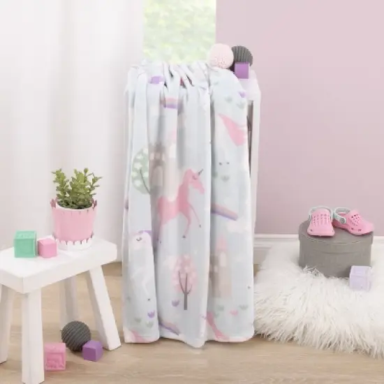 Everything Kids Unicorn Aqua, Pink and White Castles and Rainbows Super Soft Toddler Blanket image {2}