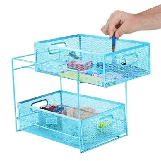 Mind Reader Metal Mesh Organizer [2 TIER] Slide Out Basket Drawer For Kitchen, Bathroom, Office Desk (BLACK) image {2}