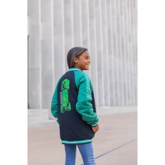Minecraft Creeper French Terry Zip Up Varsity Bomber Jacket Little Kid to Big Kid image {4}