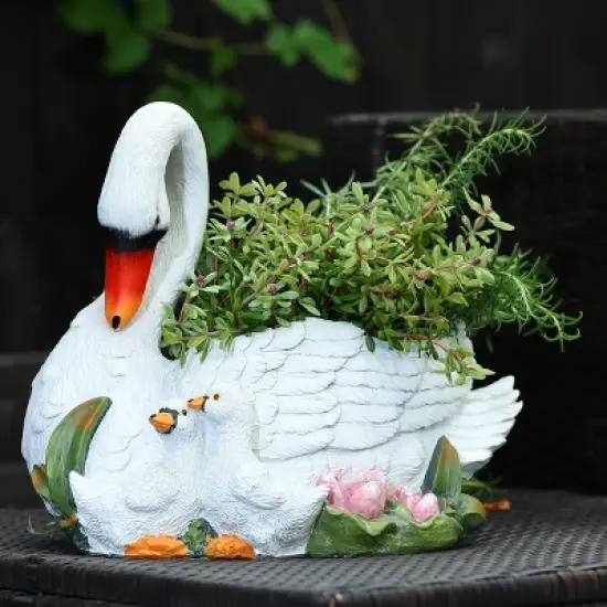 LuxenHome White Resin Swan Family Planter image {7}