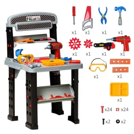 Qaba Kids Workbench 79-Piece Construction Playset Toy with Battery-Powered Drill, Hammer, Saw, Storage Tray for Ages 3+, Black and Gray image {3}