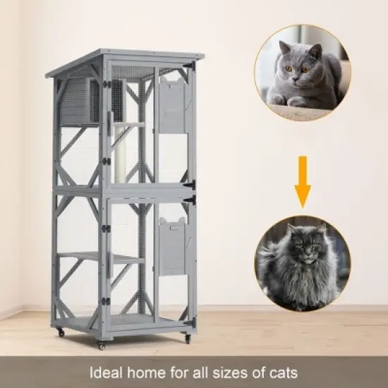 Catio Outdoor Cat Enclosure, 66.5" Wooden Cat Playen Catio with Wheels, Large Pet House with Platforms and Resting Box, Feral Animal Shelter image {4}