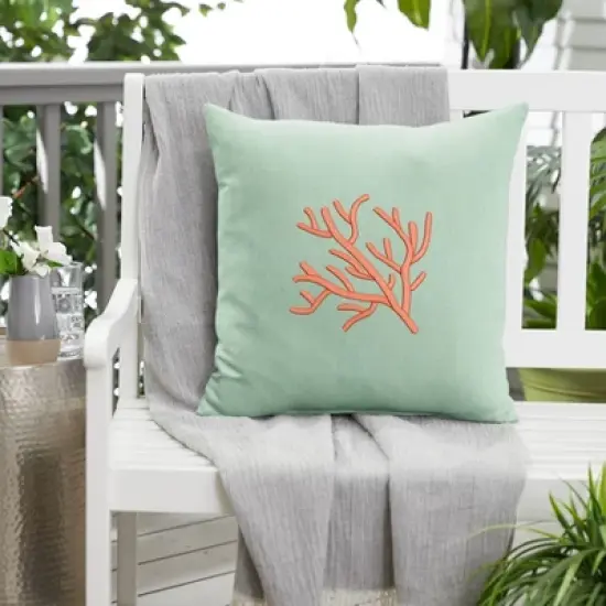 Sunbrella Indoor/Outdoor Coral Embroidered Throw Pillow Green - Sorra Home: Weather-Resistant, Square Canvas Spa Design image {4}