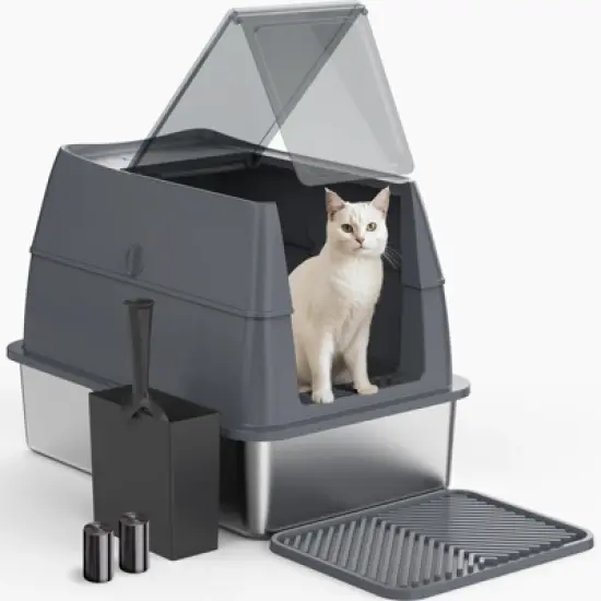 JOEJOY Stainless Steel Cat Litter Box,Double-layered 18" High Sided Cat Litter Box,Metal Litter Pan with Lid,Extra Large Litter Box with Scoop image {8}