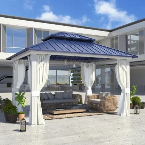 EROMMY 10' X 12' Hardtop Gazebo with Galvanized Steel Roof, All-Season Aluminum Outdoor Pergola with Netting & Curtains image {2}