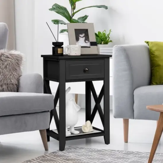 Costway Nightstand Chair Side End Table with Drawer & Shelf Bedroom Furniture White\ Brown\Black image {3}