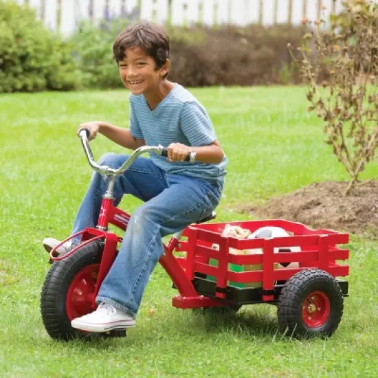 HearthSong Kids Classic Red Metal Tricycle with Attached Slatted-Wood Wagon image {6}