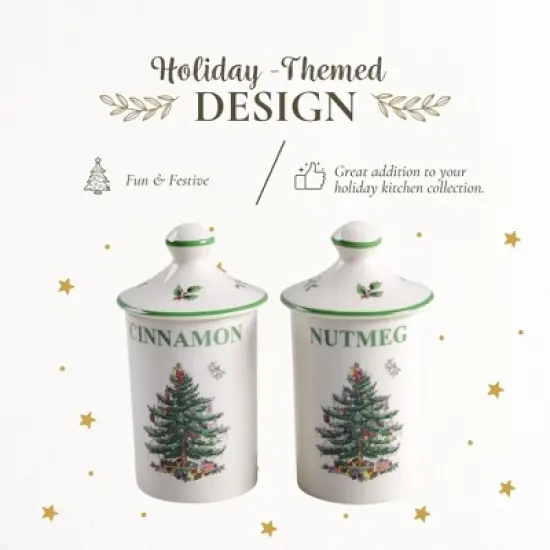 Spode Christmas Tree Spice Jars - Set of 2 Porcelain Jars for Cinnamon & Nutmeg, 4.5 Inch Seasoning Storage Jars, Beautiful Festive Kitchen D&eacute;cor image {2}