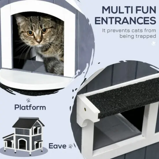 SKYONE Two-Story Outdoor Cat Shelter with Asphalt Roof, Elevated Fir Wood Enclosure, Multiple image {3}