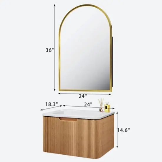 PexFix 24" Wall-Mounted Floating Bathroom Vanity with Cabinet Mirror Modern Curved Edge Storage Bathroom Cabinet in Walnut with Ceramic Basin image {3}