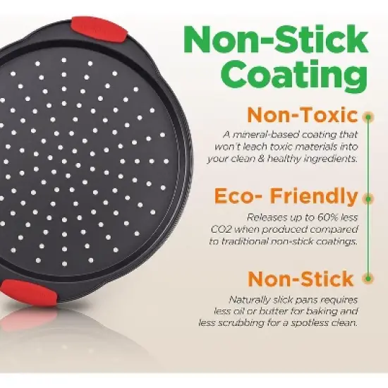 NutriChef 14.8" 4-Piece Non-Stick Perforated Pizza Tray with Silicone Handle Carbon Steel NCBPIZ1X4 image {3}