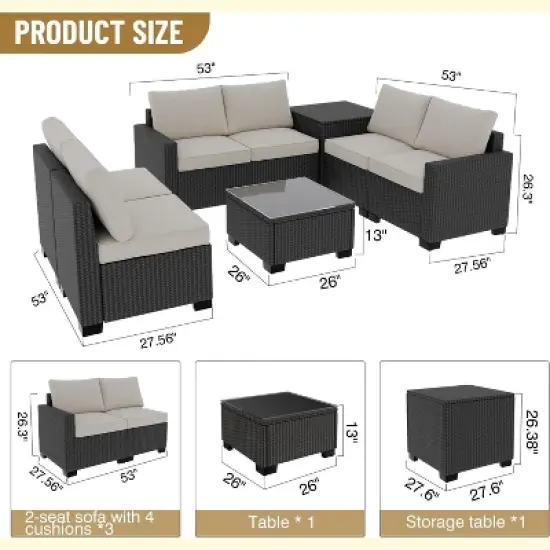 Garvee 8-Piece Outdoor Patio Furniture Set - 6 Seat Rattan Patio Conversation Sets with Glass Coffee Table and Hidden Storage Box image {1}