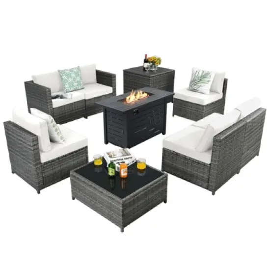Tangkula 9 PCS Rattan Dinning Set Wicker Sofa w/Propane Gas Fire Pit 60,000 Btu Heater image {13}