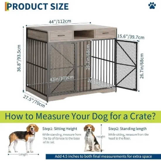 Acekool 44" Dog Crate Furniture with Drawers, Double Doors, Open Compartment, Heavy Duty Indoor Dog House End Table, Brown & Black image {1}