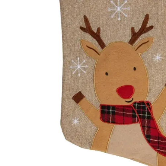 Northlight 19" Burlap Plaid Whimsical Reindeer Waiving Christmas Stocking image {2}