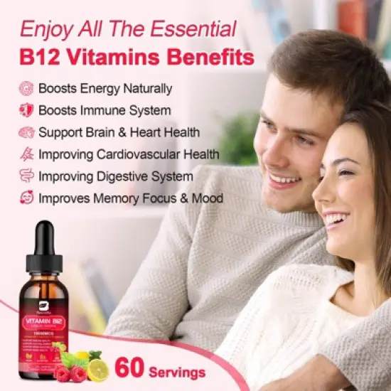 B Beworth Vitamin B12 Liquid Drops 10,000 mcg, Supports Immunity, Energy & Brain, Vegan, Gluten Free, Non-GMO, 2 fl.oz (Raspberry) image {3}