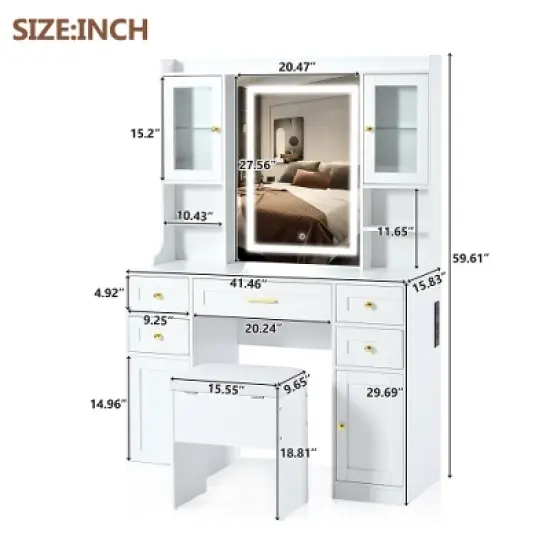 TOBILI 41.4" Makeup Vanity Desk with Mirror and Lights, Makeup Table with 5 Drawers and 4 Cabinets,White image {5}