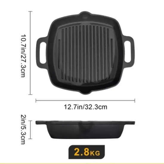 vancasso Griddle Pans Pre-Seasoned Cast Iron Frying Pan Square with Double Handle for Induction, Electric & Gas Hobs Grill Steak and Veggies Black image {1}