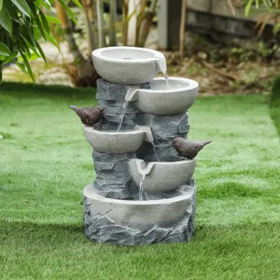 LuxenHome Gray Resin Bowls and Birds Outdoor Fountain image {1}