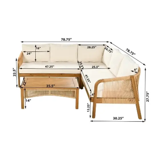 Christopher Knight Home Doretta Outdoor Acacia Wood and Rattan L Shape 5 Seater Seating Set with Cushions image {2}