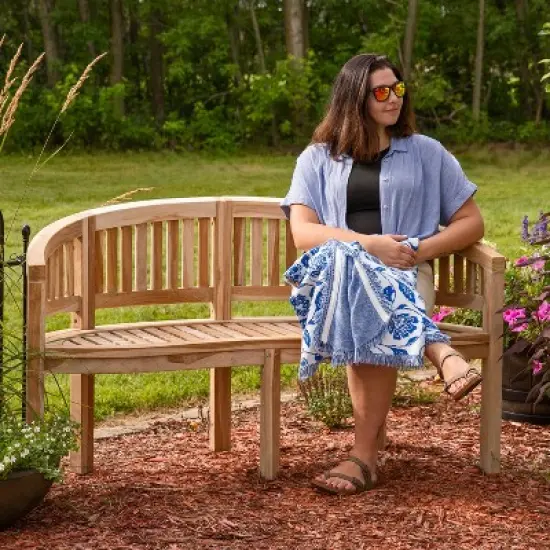 Sunnydaze 59" Solid Wooden Teak Outdoor Banana Bench with Curved Back image {15}