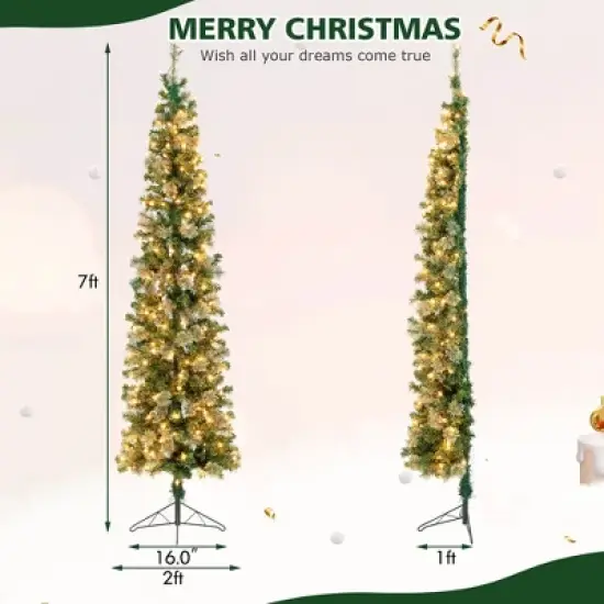 Costway 7ft Pre-lit PVC Artificial & Pine Needles Half Christmas Tree w/ 450 Branch Tips & 150 Lights image {3}