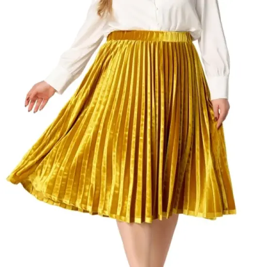 Agnes Orinda Women's Plus Size Velvet Pleated Elastic Waist Party Metallic Pleated Swing Midi A Line Skirts image {7}