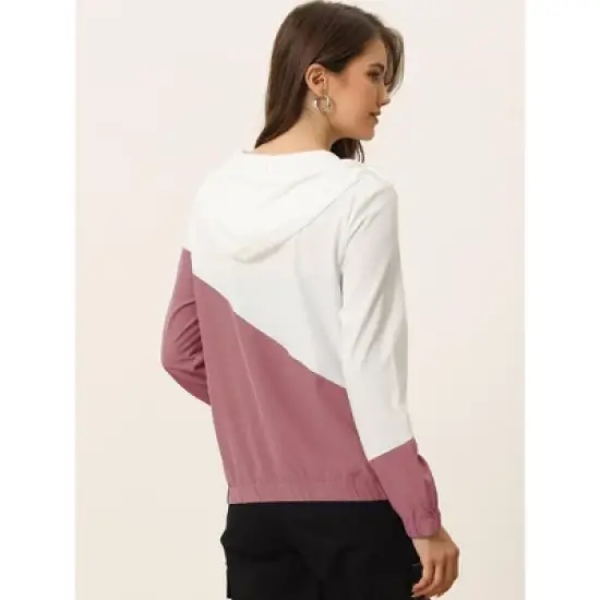 Allegra K Women's Color Block Drawstring Hem Long Sleeve Sport Hooded Zip Lightweight Jacket image {3}