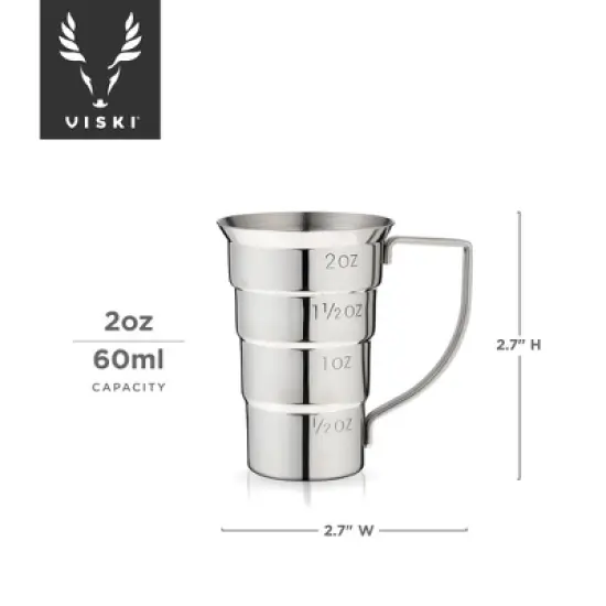 Viski Stepped Jigger With Handle, 4 Measurement Markings, Measuring Cup for Cocktail Recipes, 0.5 oz, 1 oz, 1.5 oz, & 2 oz, Stainless Steel, Silver image {2}