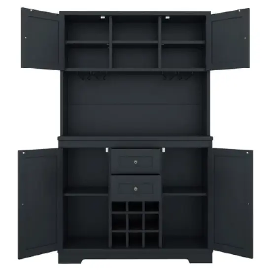 Gulches Timeless Multi Functional Coffee and Wine Bar Cabinet Open Shelves, 9 Grid Bottle Holders, 6 Hooks and Durable Build image {11}