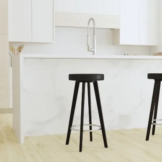 Merrick Lane Contemporary Black Vinyl Barstool with Retro 4-Point Cappuccino Wood Legs and Chrome Footrest image {3}