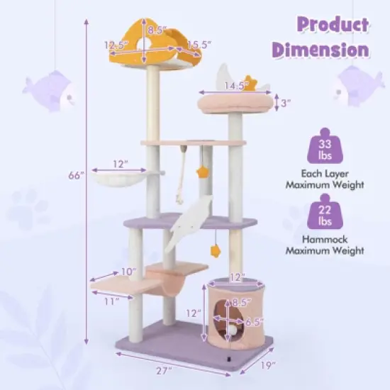 Costway Cat Tree Cats Multi-level Cat Tower w/ Sisal Covered Scratching Posts, Hammock image {2}