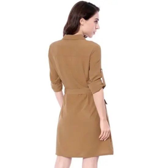 Allegra K Women's Roll Up Sleeves Multi-Pocket Knee Length Belted Shirt Dress image {3}
